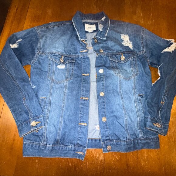Distressed Blue Jean Jacket Cropped Ripped Forever 21 Small - Picture 2 of 8
